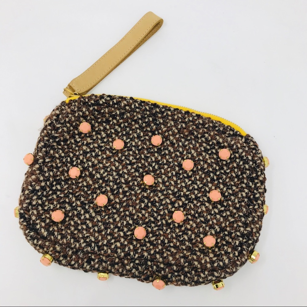 Anthropologie Tweed Rhinestone Wristlet Zip Pouch